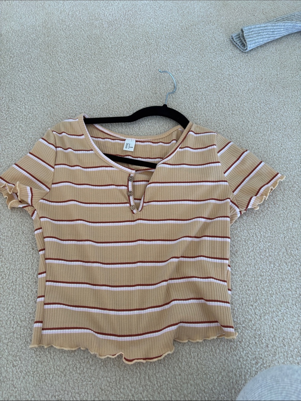 Striped Tan Ribbed Henley Crop Top with Button Detail